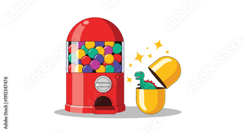 Red capsule toy vending machine next to an open yellow capsule containing a small green dinosaur toy for children to collect.