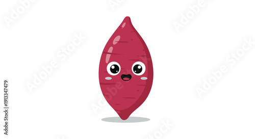 Adorable purple sweet potato character with large eyes, rosy cheeks, and a happy smiling face, perfect for food mascot designs.