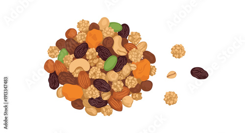 Colorful assortment of trail mix with various nuts seeds and dried fruits scattered on a clean white background for a healthy snack.