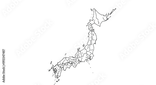 Detailed black outline map of the japanese archipelago showing the borders of various prefectures and the main islands.