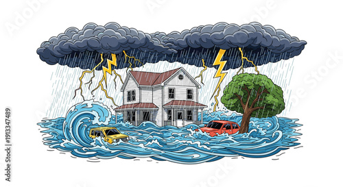 Dramatic illustration of a house and cars being submerged by flood waters during a violent storm with rain and lightning.