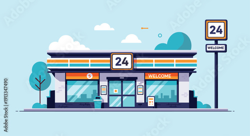 Modern 24-hour convenience store building with a flat design, colorful signs, and a welcome post standing in the parking lot.