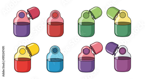 Collection of eight small colorful potion bottles with flip top lids containing various bright liquids like purple red green and blue for games.