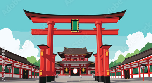Large red torii gate standing at the entrance of a traditional japanese temple complex under a bright blue summer sky.