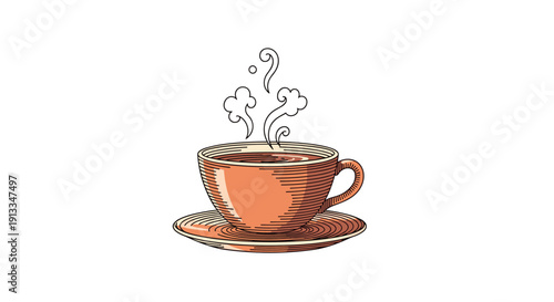 Vintage style engraving of a warm cup of coffee or tea sitting on a saucer with artistic steam curls rising above the rim on white background.