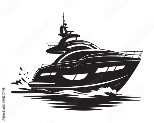 Luxury Yacht Silhouette Vector on Water with Dynamic Waves