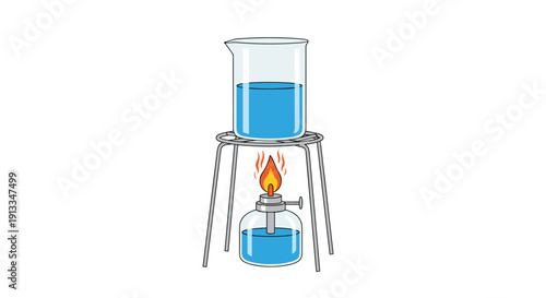 Laboratory experiment setup showing a glass beaker filled with blue liquid being heated on a tripod stand over an alcohol burner flame.