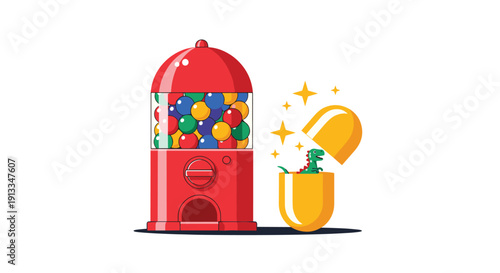Red gumball machine next to an open golden surprise capsule containing a small green dinosaur toy for children.