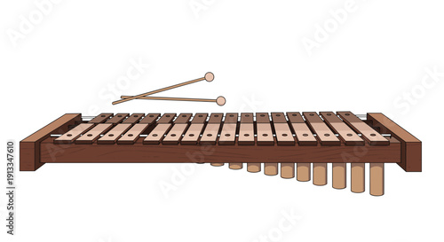 Wooden xylophone musical instrument with graduated keys and two mallets resting above on a clean white background.