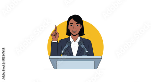 Professional woman wearing a business suit speaking confidently at a podium with microphones and a yellow background.