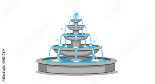 Decorative multi-tiered stone water fountain with blue water splashing and bubbles on a clean white background.