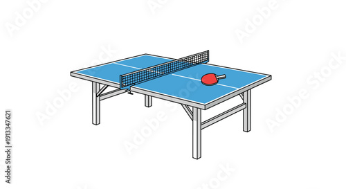 Professional blue table tennis table with a net and a red paddle placed on top for indoor recreational activities.