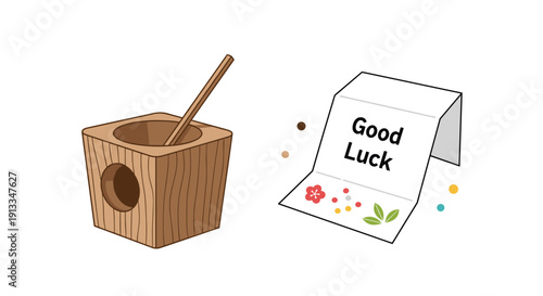 Traditional wooden fortune-telling box with a stick and a folded good luck message paper featuring floral designs.