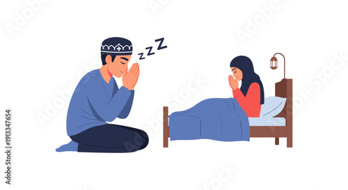 Man Praying Beside Woman Suffering from Insomnia in Bedroom at Night