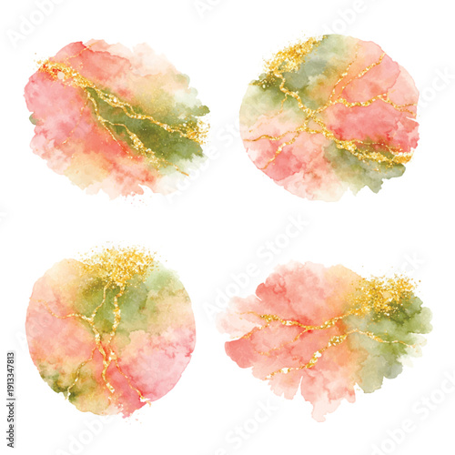Elegant watercolor splash set with gold glitter veins. Pink and green marble textures for wedding invites, logos, and luxury branding. Abstract vector paint blots on white background.