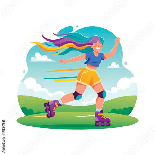 Happy young woman rollerblading in a sunny park. Vibrant vector illustration of a girl with colorful hair skating outdoors. Energetic flat character design for summer sports and healthy lifestyle.