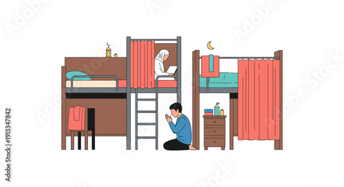 Man kneeling beside bunk beds with people sleeping inside in a cozy dormitory