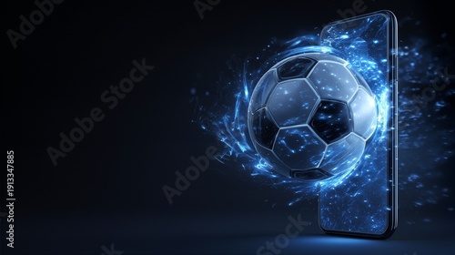 A soccer ball coming out of a mobile phone screen with blue sparks