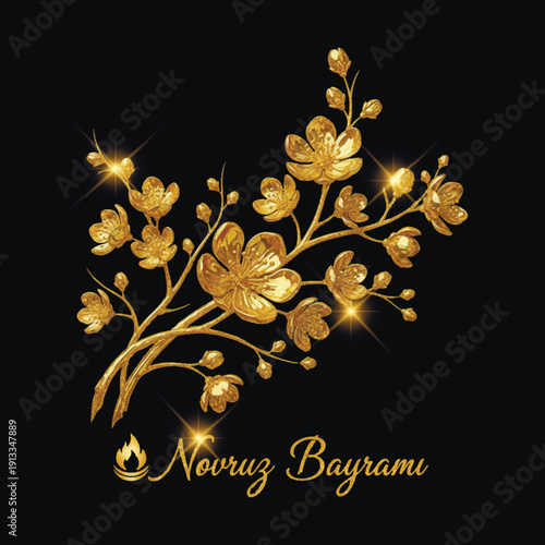 3d golden glitter cherry blossom branch for Novruz Bayrami. Shiny floral spring equinox greeting with sparkles and luxury gold texture on black. Festive vector illustration for Persian New Year.