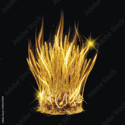3d Magical golden wheat sprouts with glowing sparkles. Luxury semeni symbol for Nowruz and spring equinox. Shiny abstract grass illustration for Muslim New Year isolated on black background.