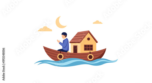 Man in a boat with a house floating on calm water under a crescent moon