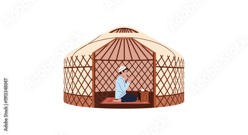 Man Meditating Inside Traditional Mongolian Yurt, Peaceful Digital Illustration