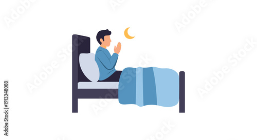 Man Praying in Bed under Crescent Moon, Serene Night Scene