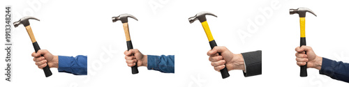 Tablou pe pânză Set and collection of hands holding metal claw hammers with wooden and yellow ha