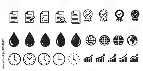 Collection of business and time management icons with a focus on oil and quality