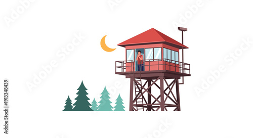 Woman in Watchtower at Night with Moon, Forest Landscape, Red Roof