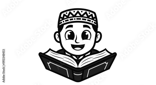 Young boy reading a book happily.
