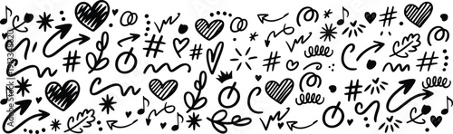 A collection of hand drawn hearts symbols and doodles on a white background