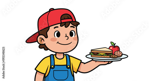 Cartoon Boy Holding Pancakes with Strawberry.