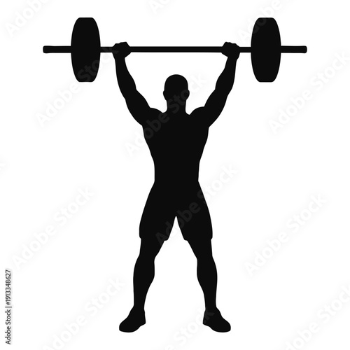 Illustration of a silhouette of a man lifting a barbell over his head in a gym