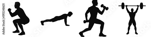 Illustration of silhouette of people exercising with dumbbells and bodyweight