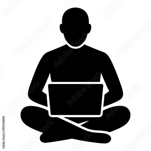 Illustration of man sitting crosslegged with laptop on lap in black silhouette