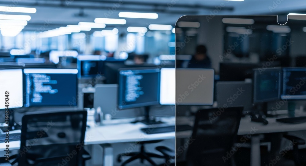 Obraz premium Modern office interior with rows of computer monitors displaying code