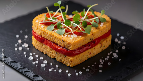 Wallpaper Mural Delicately cut heart-shaped polenta rounds layered with roasted red bell pepper and fresh microgreens, beautifully presented on a black slate board. A modern savory concept ideal for romantic occasion Torontodigital.ca