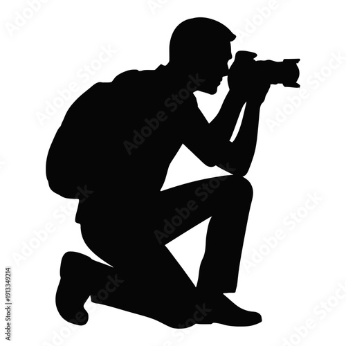 Illustration of silhouette of a photographer kneeling while taking a picture