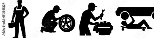 Illustration of black silhouettes of four men working on a car in a row