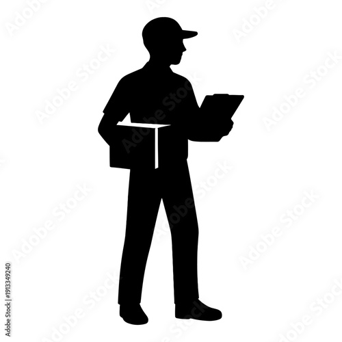 Illustration of silhouette of a delivery man holding a package and a tablet standing