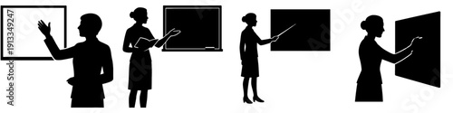 Illustration of silhouettes of business people writing and presenting on various boards and screens