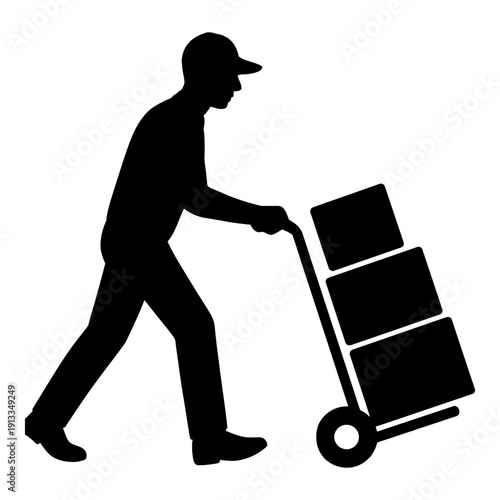 Illustration of man pushing a hand truck with boxes silhouette