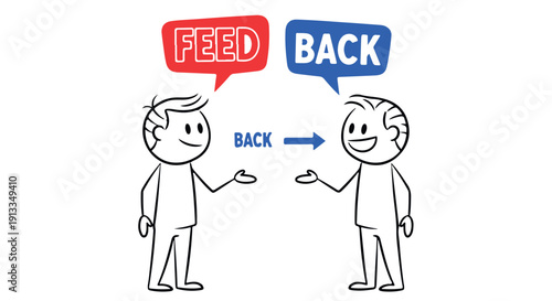 Two stick figures giving and receiving feedback with speech bubbles on Transparent Background.