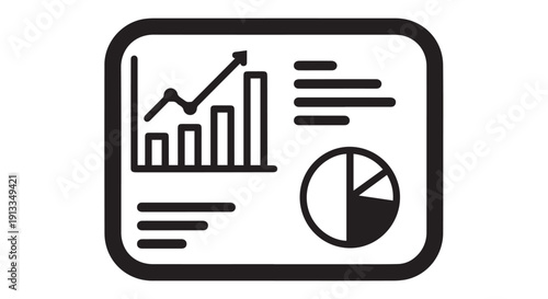 Black and white line icon of business report with bar chart, line graph, and pie chart for presentation.