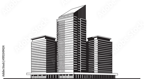 A black and white illustration of a modern skyscraper complex with sleek high rise buildings and urban architecture
