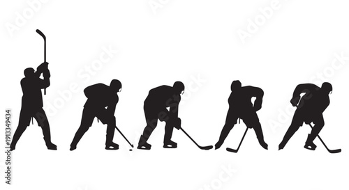 Silhouette of hockey players in various poses with sticks and puck on ice, motion sequence.
