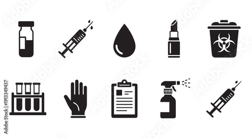 Black icons of medical supplies and protective equipment on Transparent Background, including syringes, test tubes, gloves, and biohazard symbols.