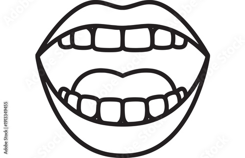Mouth line art illustration of open lips with visible teeth, simple black outline icon isolated on white background for dental care, smile design, and signage