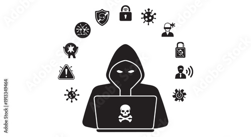 A hooded hacker with a laptop and skull surrounded by cyber threat icons, representing online security risks and malware.